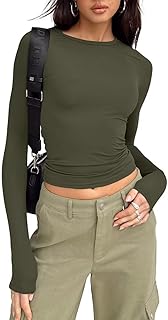 Women's Slim Fit Going Out Crop Tops Casual Solid Color Crew Neck Long Sleeve Tight Tee Shirt Basic Streetwear