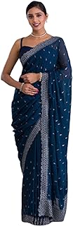 teal Blue cocktail party girls & woman Chinon Chiffon sari Silver Sequin Border Saree blouse HIT F/23, Teal, 6.25 mtrs with blouse piece