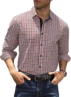 Mens Dress Shirt Plaid Cotton Business Formal Shirts Regular-Fit Wrinkle-Free Long Sleeve Button Down Casual Shirts S-XXL