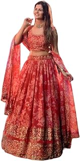 Red Zari And Sequins Embroidered Organza Semi Stitched Roses Printed Floral Lehenga, Red, Standard