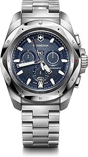 Victorinox Men’s Watch I.N.O.X. Chrono Ø 43 mm, Swiss Made, Analogue Quartz, Water-Resistant up to 200 m, Stainless Steel Strap, Silver/Blue