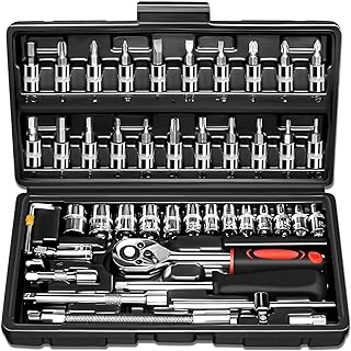 46Pcs Socket Wrench Set, 1/4'' Drive Socket Wrench Driver Bits Set Metric Tool Kit with Flexible Extension Rods, Quick Release Reversible Ratchet, Wrench Handle for Home Car Repair