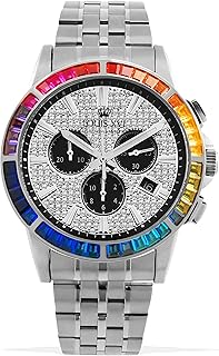 Men's Majesté Iced Out Rainbow Steel Strap Silver CZ Diamonds Chronograph Analogue Quartz Stainless Steel Watch 1121