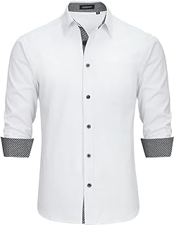 Men's Inner Contrast Shirt Casual Formal Classic Button Down Dress Shirts Long Sleeve Plaid Collar Regular Fit