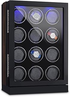 Klagenfurt Watch Winder - Fits 12 Watches, Right-Left Running, LED, Touch Display, Pure Handmade, Elegant Showcase, Secure Positioning via Non-Slip Feet, Wooden/Black