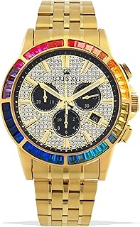 men's watch, Majesté Iced Out Rainbow steel strap, gold cubic zirconia diamonds, chronograph analogue quartz, 1120 stainless steel