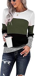 Ladies Long Sleeve Oversized T Shirt Striped Crewneck Pullover Tunic Patchwork Tops