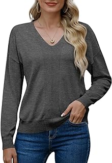 Womens V Neck Jumpers Knit Long Sleeve Tops for Ladies Solid Color Sweatshirts
