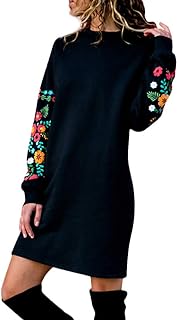 Jumper Dress for Women Sale, Autumn Winter Casual Long Sleeve Floral Embroidery Sweatshirt Dress Plus Size Dress UK Size Ladies Button Tunic Dress