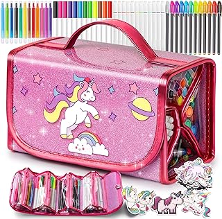 Hot Bee Unicorn Gifts for 3 4 5 6 7 Year Old Girls, Arts and Crafts for Kids 3-5 6-12, Fruit Scented Washable Markers Stationery Set, Travel Art Drawing Colouring Set for Girls