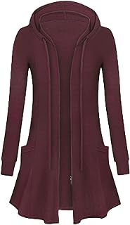 Womens Longline Hoodies Zipper up Knee Length Cardigan with Large Pockets Long Sleeve Tunics Casual Work Clothes Ladies Lightweight Jackets M-2XL