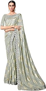 Grey Gold Zari Butta Weaving Woman Cocktail Saree Blouse Heavy Sari 7525, Grey, Standard