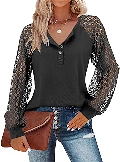 Womens Tops Casual Lace Long Sleeve Blouse V Neck Waffle T-Shirts Loose Tunic Tops