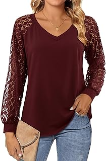 Womens Lace Long Sleeve Tops Plain V Neck T Shirts Loose Casual Blouse Dressy Tunic Shirt
