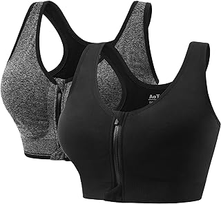 2 Pack Women Sports Bras High Impact Seamless Wireless Padded Yoga Bralette, Zip Front Fastening Workout Running Gym Top Bra
