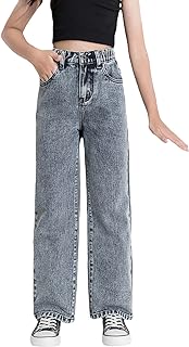 Girls High Waisted Straight Leg Jeans Denim Long Pants with Pocket, Light Grey, 9 Years