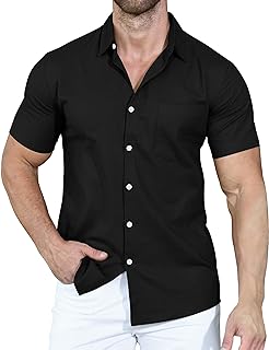 Mens Short Sleeve Cotton Shirts Casual Button-Down Shirts Plain Regular Fit Business Shirt Tops with Pocket
