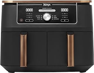 Ninja Foodi Dual Zone Air Fryer MAX + Tongs, 9.5 L, 2470 W, 2 Drawers, 8 Portions, 6-in-1, Air Fry, Roast, Bake, Nonstick, Dishwasher Safe Baskets, Amazon Exclusive, Copper/Black AF400UKCP