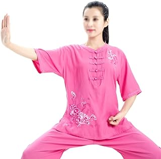 BoNpur Woman Embroidered Taichi Uniform Kids Girls Kung Fu Suit Flower Short Sleeves Cotton Linen Martial Arts Uniform Wing Chun Taichi Clothing Set