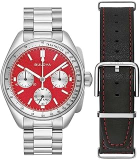 Pilot 43.5mm Lunar Quartz Watch with Chronograph, Calendar, Stainless Steel Strap and Additional Interchangeable Black Leather Strap, red, Bracelet