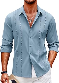 Mens Cuban Guayabera Shirt Casual Button Down Shirts Long Sleeve Beach Linen Shirts