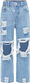 Girls Elastic Waist Distressed Ripped Straight Leg Denim Jeans Light Blue 11-12Y