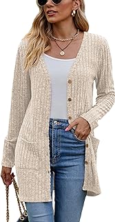 Women's Long Sleeve Open Front Cardigans, Button Down V Neck Lightweight Outwear Jumper Sweaters with Pockets