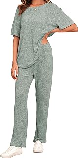 Ribbed Clothes Sets for Women Oversized Short Sleeve Tops and Wide Leg Trousers with Pockets, 2 Piece Outfits Tracksuits Loungewear Sleepwear