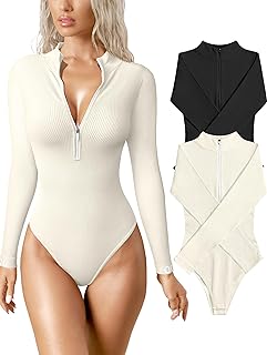 Women's 2 Piece Bodysuits Sexy Ribbed One Piece Zip Front Long Sleeve Tops Bodysuits